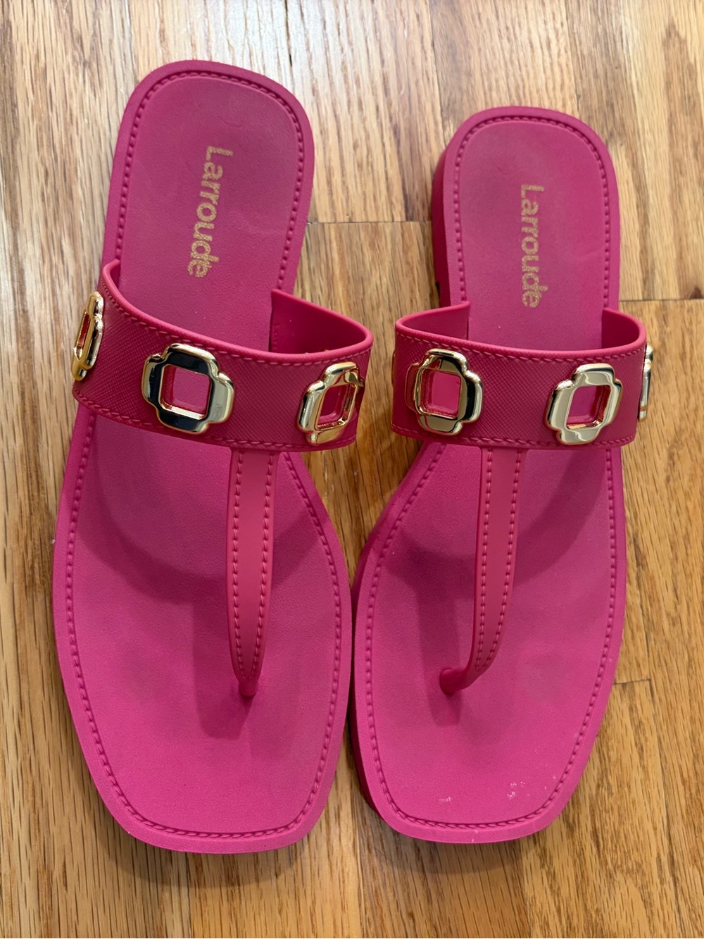 Larroude Pink Thong Sandals with Gold Accents worn once